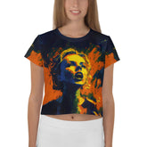 SurArt 86 vibrant all-over print crop tee on model.